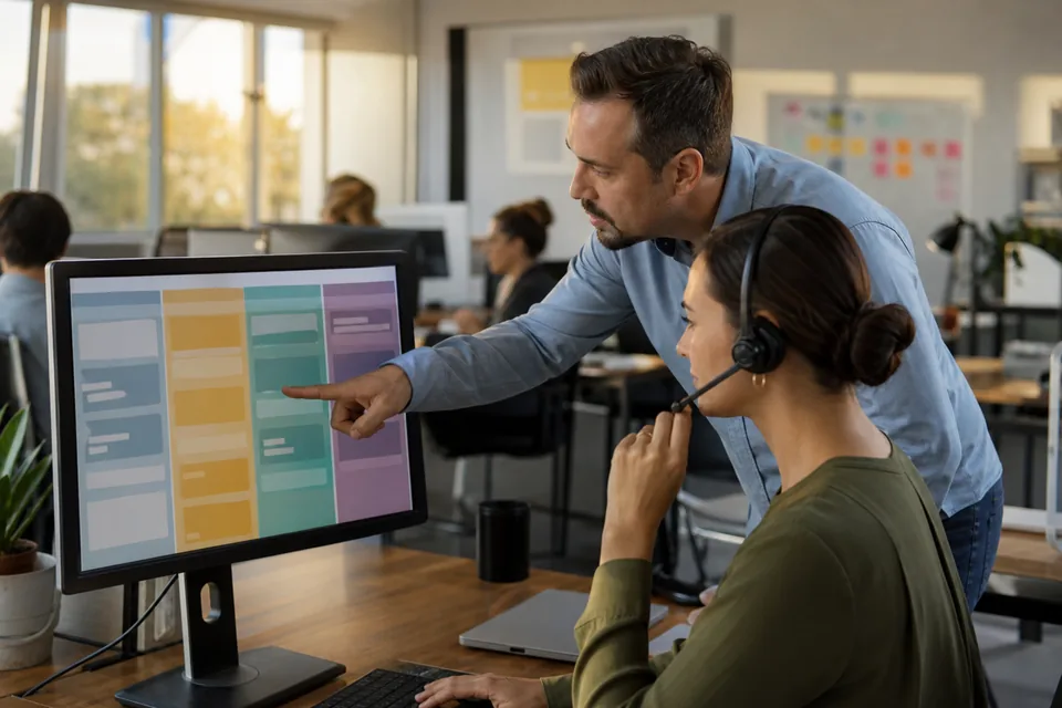 Sales rep and operations manager at a small funding company reviewing a deal pipeline board on a monitor
